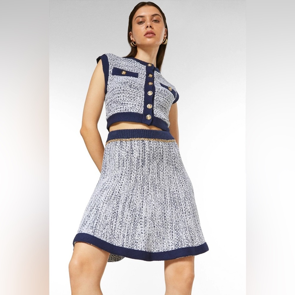 Karen Millen Tweed Knit Military Trim Top Size XS And Chain Detail Skirt Size M